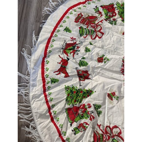 VTG MCM Christmas Tablecloth Round Fringed Santa Trees Bells Holiday Table Read - Picture 6 of 12